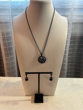 Jet Black “LOVE” Rhinestone Gunmetal Pendant Necklace and Earring Set